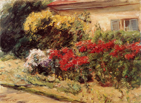shrubs of flowers in front of the cottage of the gardener de Max Liebermann