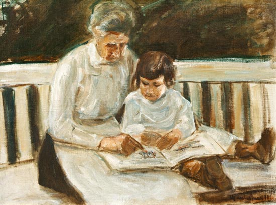 granddaughter and nanny on the lawn seat de Max Liebermann