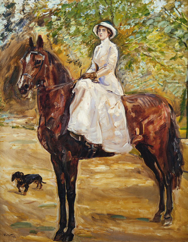 Dame im weißen Reitkleid zu Pferde de Max Slevogt