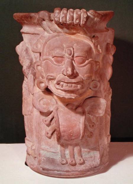 Cylindrical vase with the head of a sun god, Classic Period de Mayan