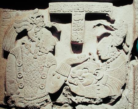 Stela depicting a woman presenting a jaguar mask to a priest, from Yaxchilan de Mayan