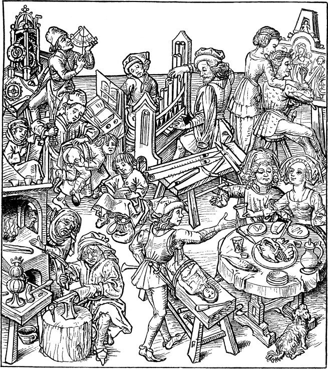 Mercury and His Children. Illustration from the "Housebook" de Meister des Hausbuches