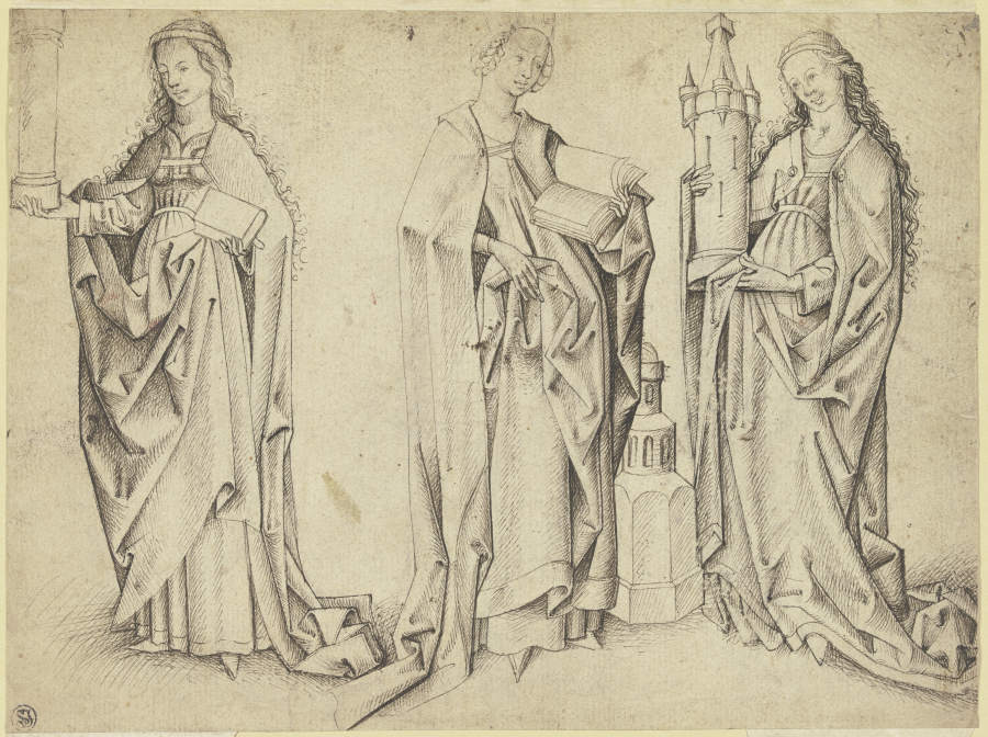 Drei Entwürfe zu einer stehenden Heiligen Barbara de Meister E. S.