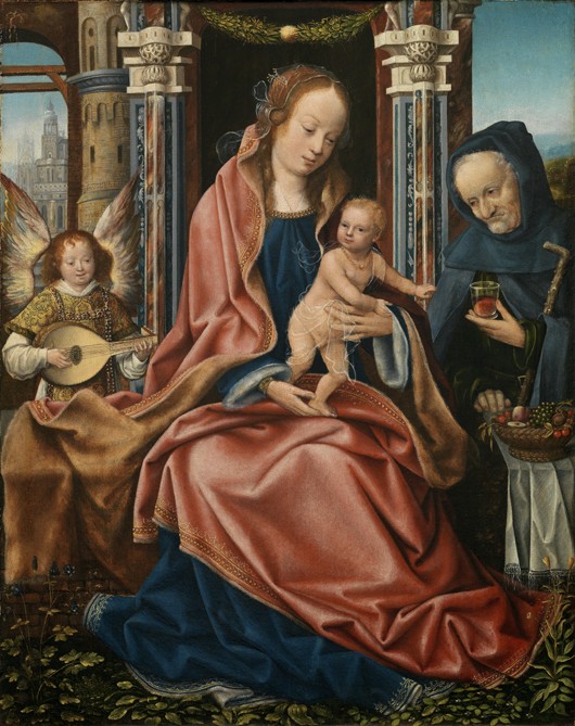 Triptych of the Holy Family with Music Making Angels. Central panel de Meister von Frankfurt