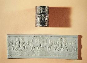 Akkadian cylinder seal and impression of Shar-kali-sharri (c.2217-c.2193 BC) King of Akkad, Mesopota