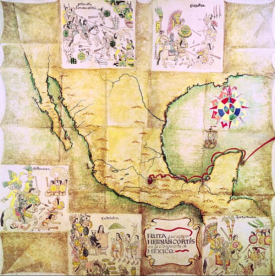 Map of the route followed Hernando Cortes (1485-1547) during the conquest of Mexico de Mexican School