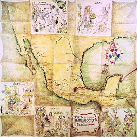Map of the route followed Hernando Cortes (1485-1547) during the conquest of Mexico