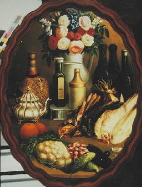 Oval Still Life with Hen, Vegetables and Vase