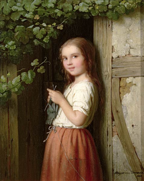 Young Girl Standing in a Doorway Knitting de Meyer von Bremen