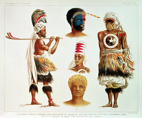 Various Dancing Costumes Worn at Nakello, Fiji, illustration from ''The Voyage of H.M.S. Challenger' de Michael Hanhart
