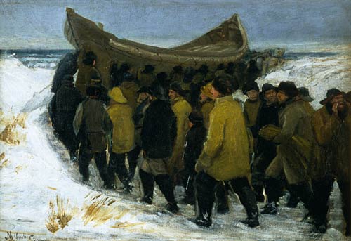 Danish fishermen take her boat to water in winter de Michael Peter Ancher