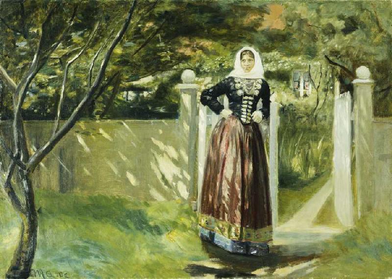 Woman in Danish dress at the garden gate de Michael Peter Ancher