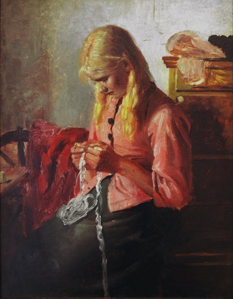 Young girl crocheting de Michael Peter Ancher