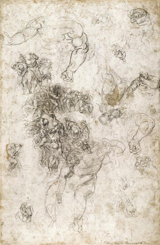 Study of figures for ''The Last Judgement'' with artist''s signature, 1536-41 de Miguel Ángel Buonarroti