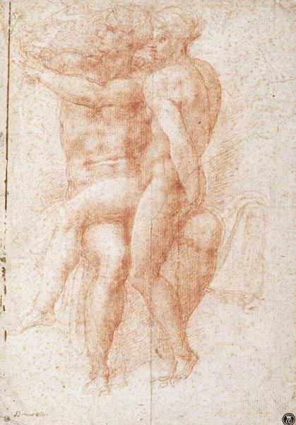 Nude female seated on the knees of a seated male nude: Adam and Eve de Miguel Ángel Buonarroti