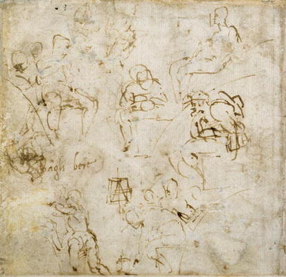 Figure study with writing, c.1511 (pen & ink on paper) de Miguel Ángel Buonarroti