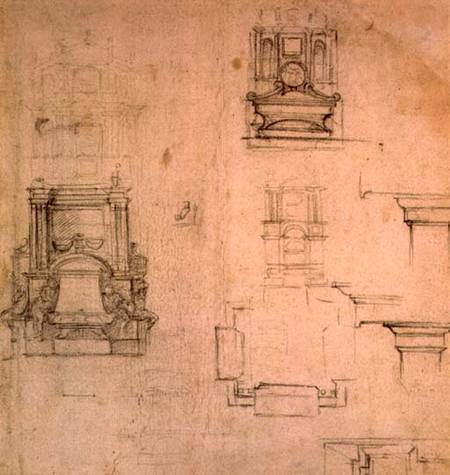 Inv. 1859 6-25-545. R. (W. 25) Designs for tombs (red chalk) de Miguel Ángel Buonarroti