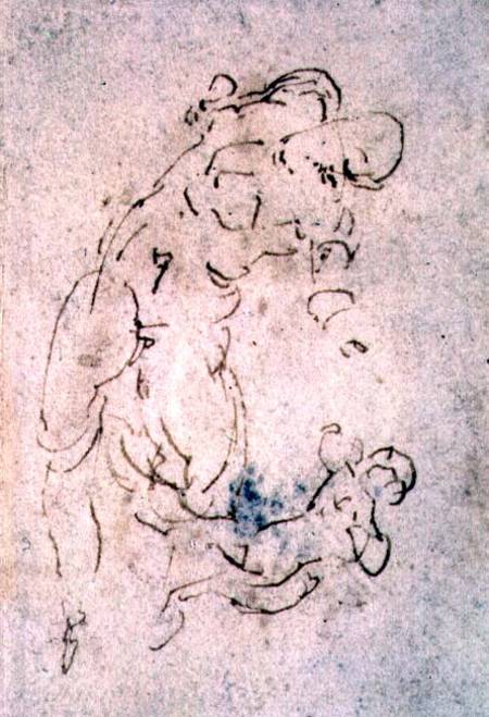 Inv. 1859 6-25-553. R. (W.56) Sketch of reclining male and child (red chalk) de Miguel Ángel Buonarroti