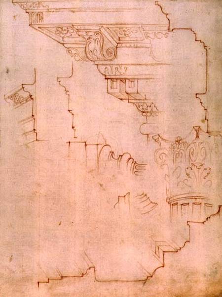 Inv. 1859 6-25-560/2. R. (W.19) Drawing of architectural details (red chalk) de Miguel Ángel Buonarroti
