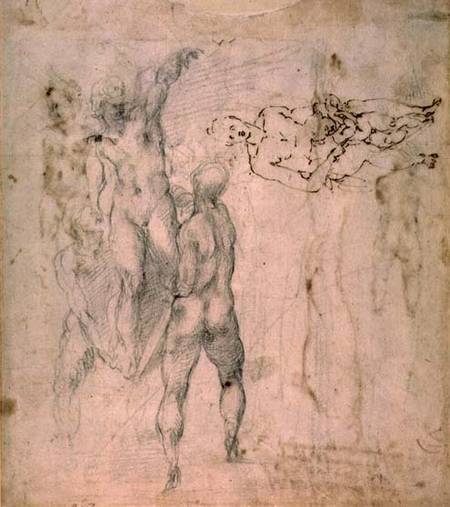 Male group and seated figure with child (pen & ink de Miguel Ángel Buonarroti