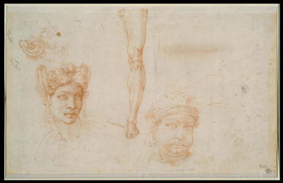 Ear and Two Eyes, Woman’s Head with Plaited Hair, Leg Study, Head with Bandage, Scheme of the Pyrami de Miguel Ángel Buonarroti