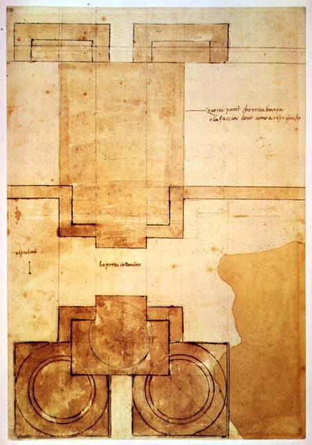 Plan of the drum of the cupola of the Church of St. Peter's Basilica (pen & ink on paper) de Miguel Ángel Buonarroti
