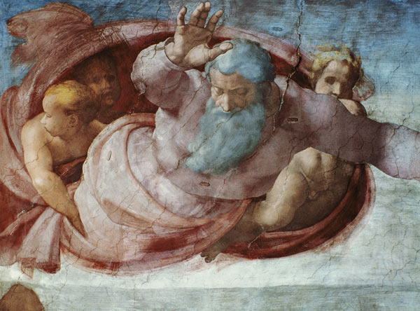 Sistine Chapel: God Dividing the Waters and Earth (pre restoration) (detail) de Miguel Ángel Buonarroti