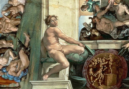 Sistine Chapel Ceiling (1508-12) detail of one of the ignudi (detail of 167695) de Miguel Ángel Buonarroti