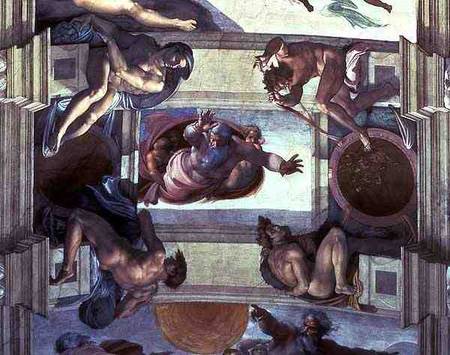 Sistine Chapel Ceiling: God Separating the Land from the Sea, with four Ignudi de Miguel Ángel Buonarroti