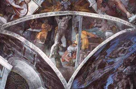 Sistine Chapel Ceiling: Haman (spandrel) (pre restoration) de Miguel Ángel Buonarroti