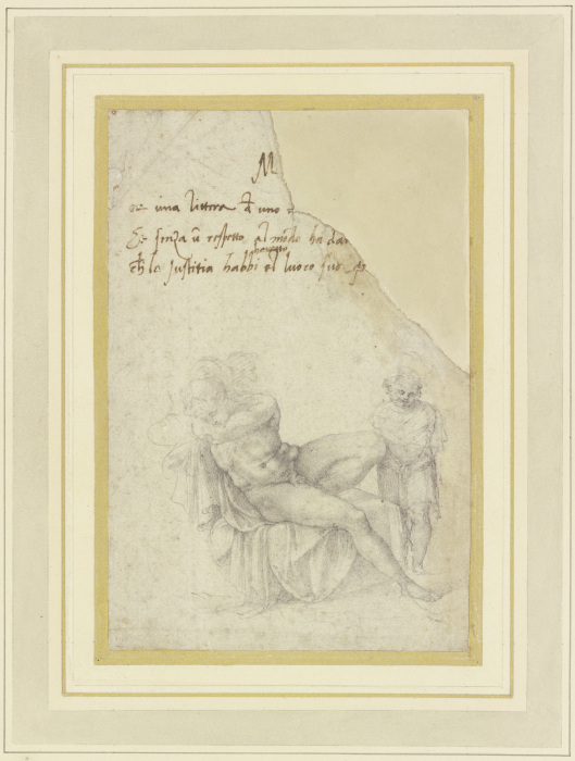 Sitzender männlicher Akt, schlafend, mit einem stehenden Kind oder Putto de Miguel Ángel Buonarroti
