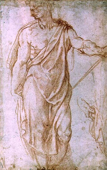 Sketch of a man holding a staff and a study of a hand de Miguel Ángel Buonarroti