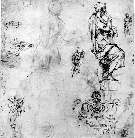 Sketches of male nudes, a madonna and child and a decorative emblem  & ink and de Miguel Ángel Buonarroti