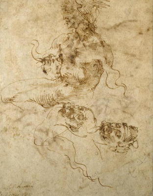 Study of a seated young Man, with head studies, c.1502 (pen & ink on paper) de Miguel Ángel Buonarroti