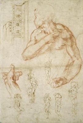 Study of the Assisting Figure of the Libyan Sibyl, c.1512 (red chalk & pen on paper) de Miguel Ángel Buonarroti