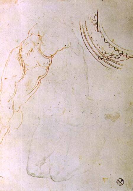 Study of a prone figure with crossed legs and a design for a lunette showing a figure mounting a sta de Miguel Ángel Buonarroti