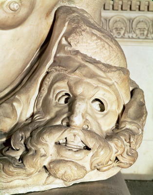 The Tomb of Giuliano de' Medici (1478-1516) detail of the tragic mask under the arm of Night, 1520-3 de Miguel Ángel Buonarroti