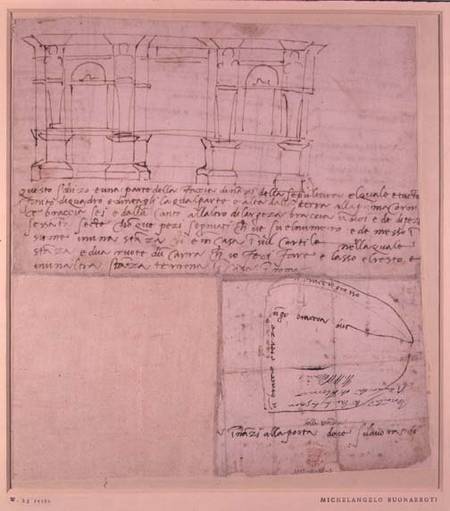 W.23r Architectural sketch with notes (pen & ink) de Miguel Ángel Buonarroti