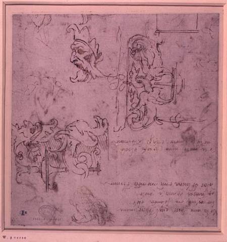 W.3v Roughly sketched designs for furniture and decorations (pen & ink) de Miguel Ángel Buonarroti