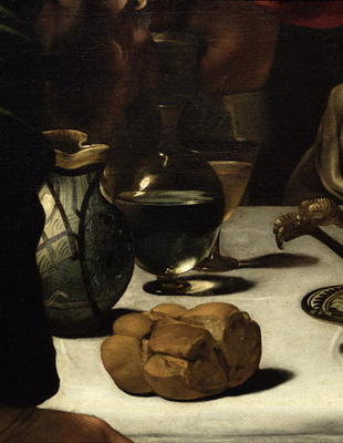 The Supper at Emmaus, 1601 (oil and tempera on canvas) (detail of 928) de Caravaggio
