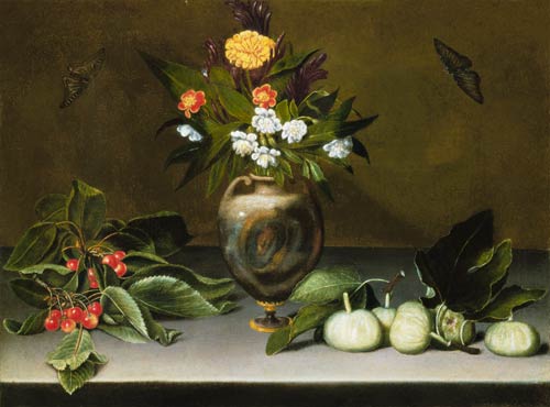 Vase with flowers, cherries, figs and two butterfl de Caravaggio
