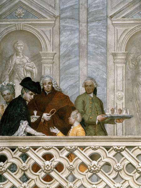 Group of five people including a waiter with a plate de Michelangelo Morlaiter