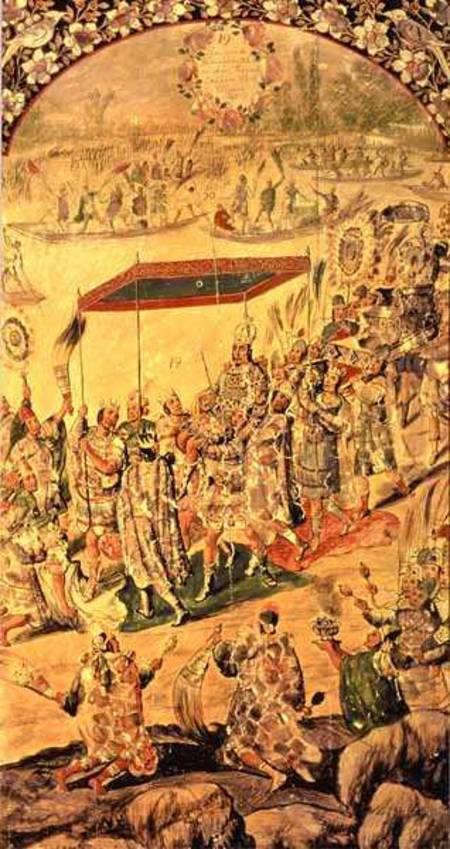 One of a pair of panels depicting the encounter between Hernando Cortes (1485-1547) and Montezuma (1 de Miguel and Juan Gonzalez