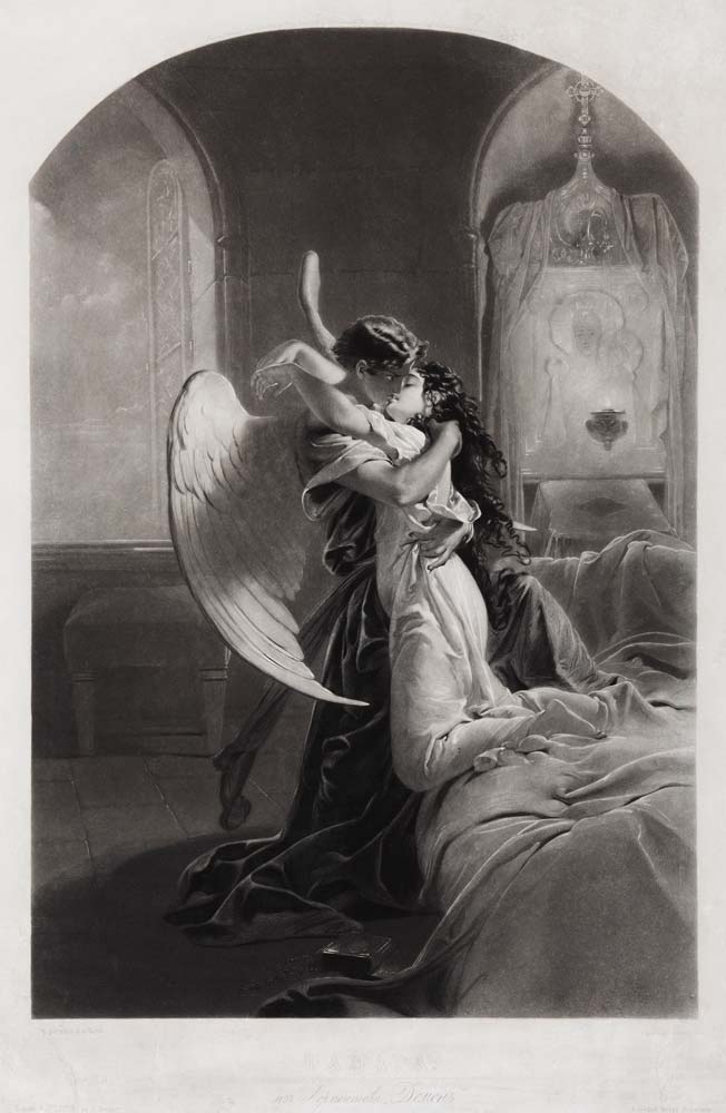 Tamara and Demon. Illustration to the poem "The Demon" by Mikhail Lermontov de Mihaly von Zichy
