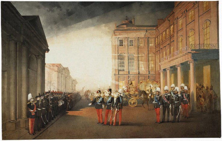 Parade in front of the Anichkov Palace on 26 February 1870 de Mihaly von Zichy