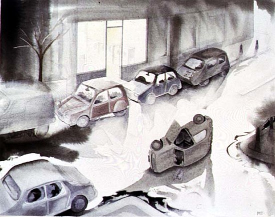 Dead Car Outside the Launderette, 1998 (w/c on paper)  de Miles  Thistlethwaite