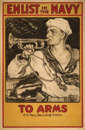 Sailor Playing Bugle, Enlist in the Navy, World War I Recruitment Poster, USA