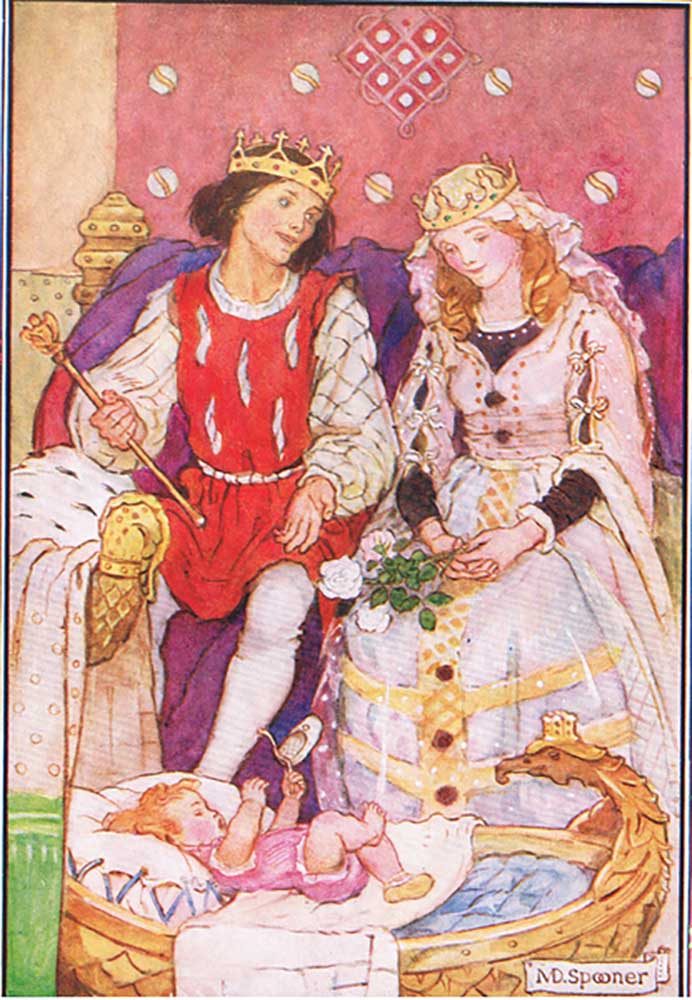 Their baby was in a golden cradle at their feet (from the story The Magic Candles), illustration fro de Minnie Didbin Spooner