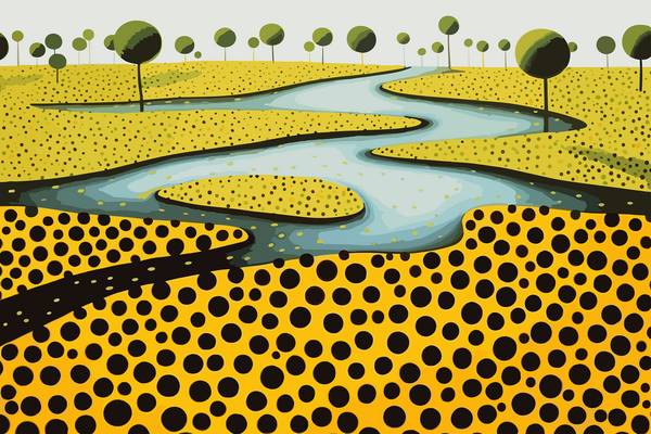 Abstrakte Landschaft mit Fluss, Bäumen und wiesen. Abstrakte Kreise auf gelber Wiese. Traumhafte, ve de Miro May