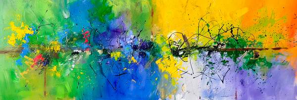 Abstrakte Malerei mit leuchtenden Farben, Grün, Blau, Gelb, Lila, Linien und Spritzern, die eine ene de Miro May
